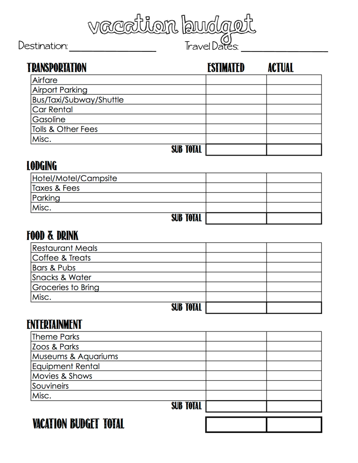 Budget For Vacation Worksheet - Printable Worksheets