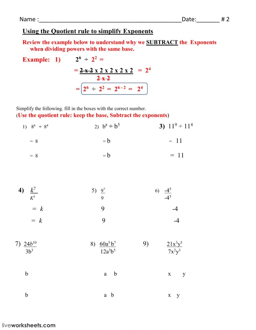 Exponent Rules Review Multiplication Worksheets Answer Key