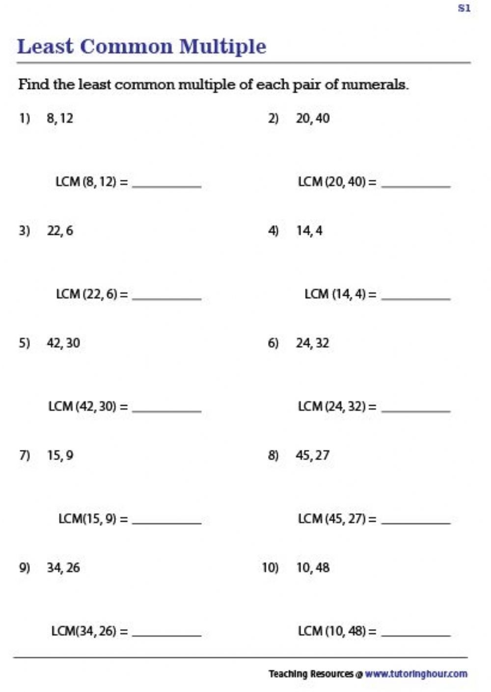 Least Common Multiple Worksheets