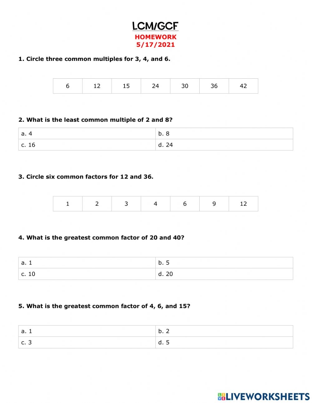 Greatest Common Factor And Least Common Multiple Worksheets