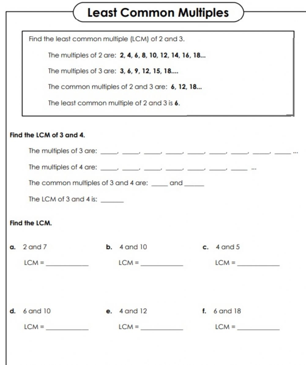 Finding Least Common Multiple Worksheets
