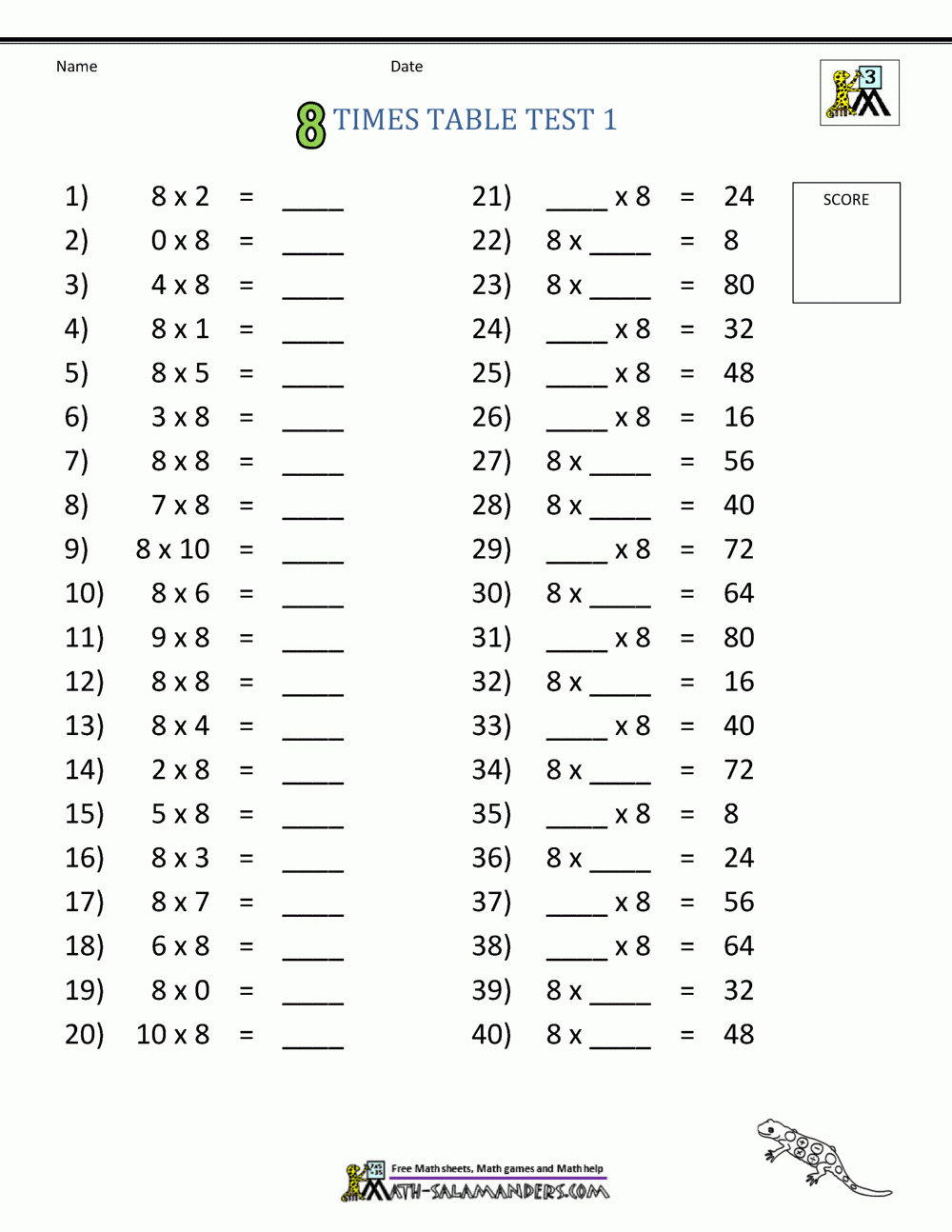 Learning Times Table Worksheets 8 Times Table