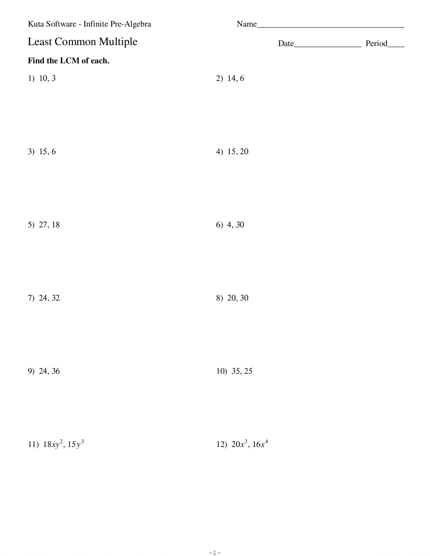 Least Common Multiple Kuta Software LLC