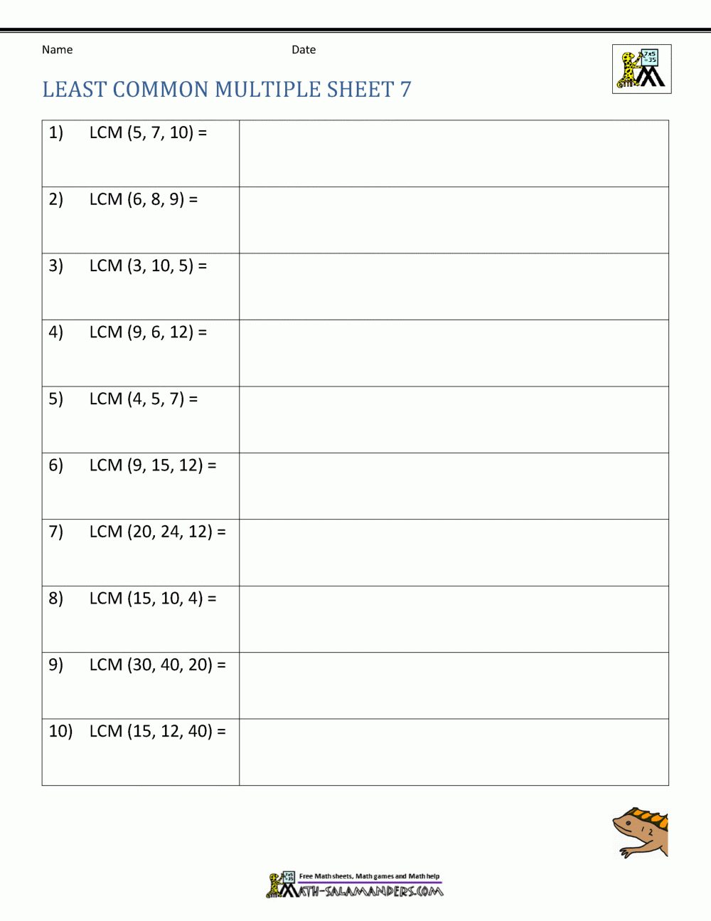 Least Common Multiple Worksheets Page