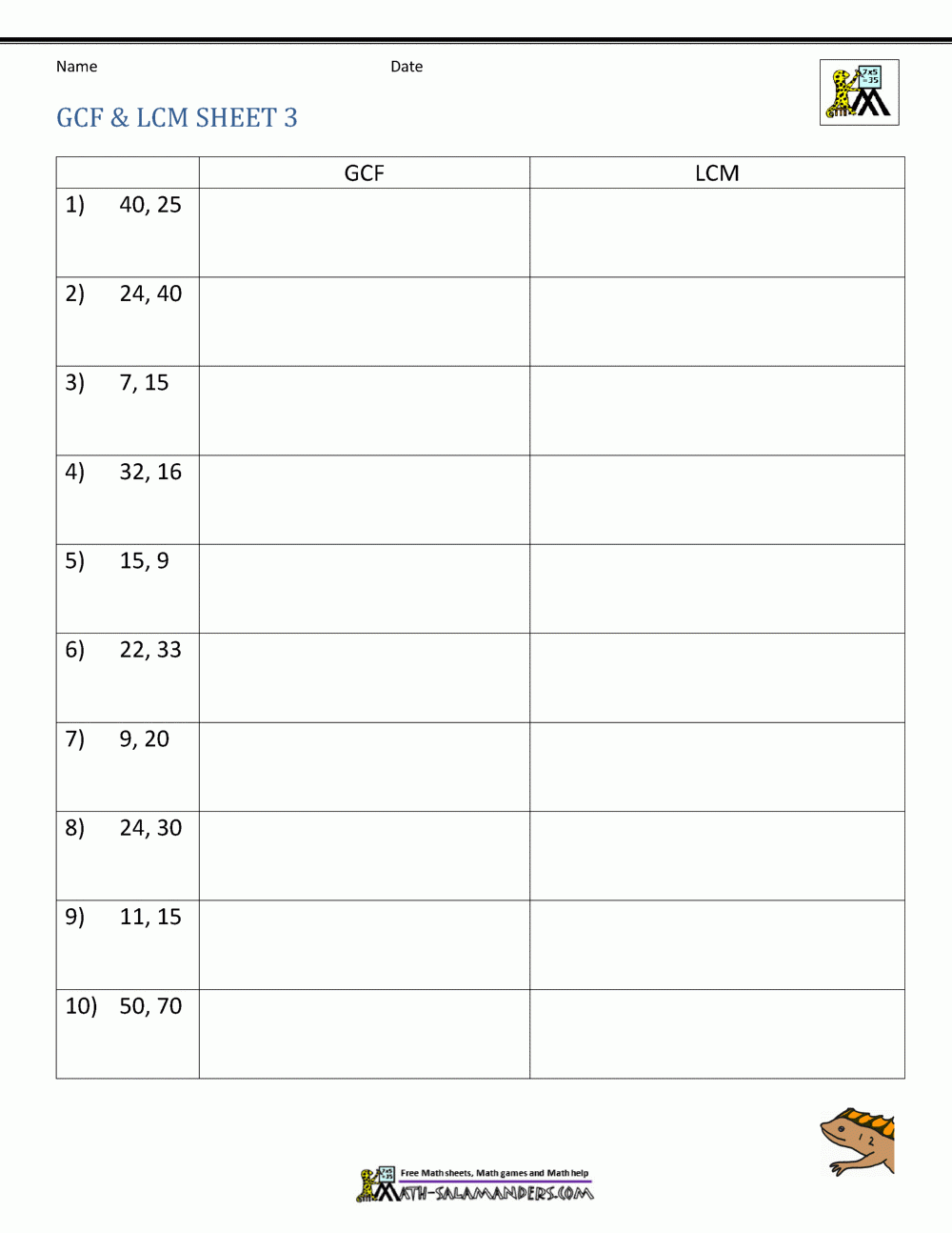 Least Common Multiple Worksheets Page