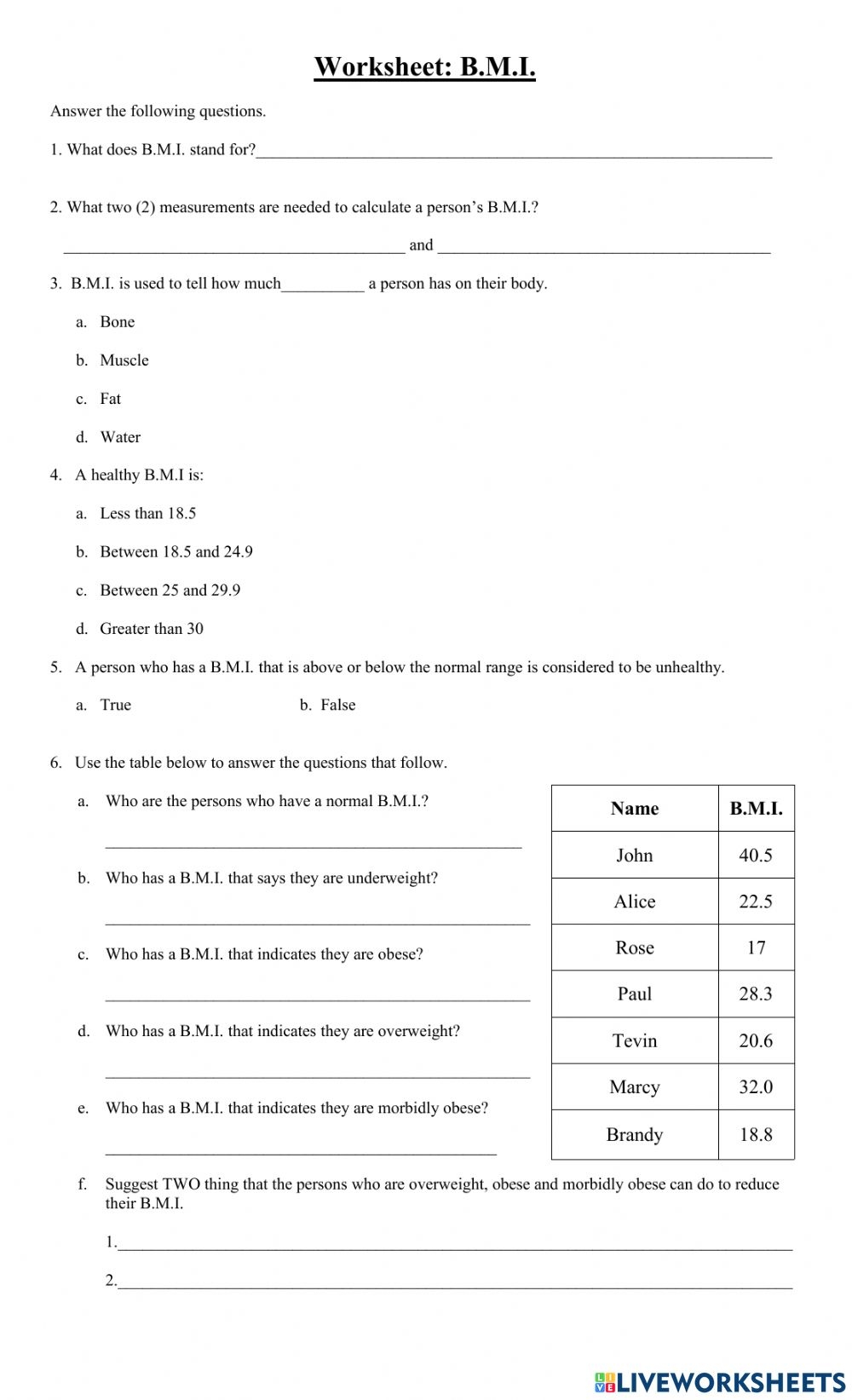 Body Mass Index Interactive Worksheet