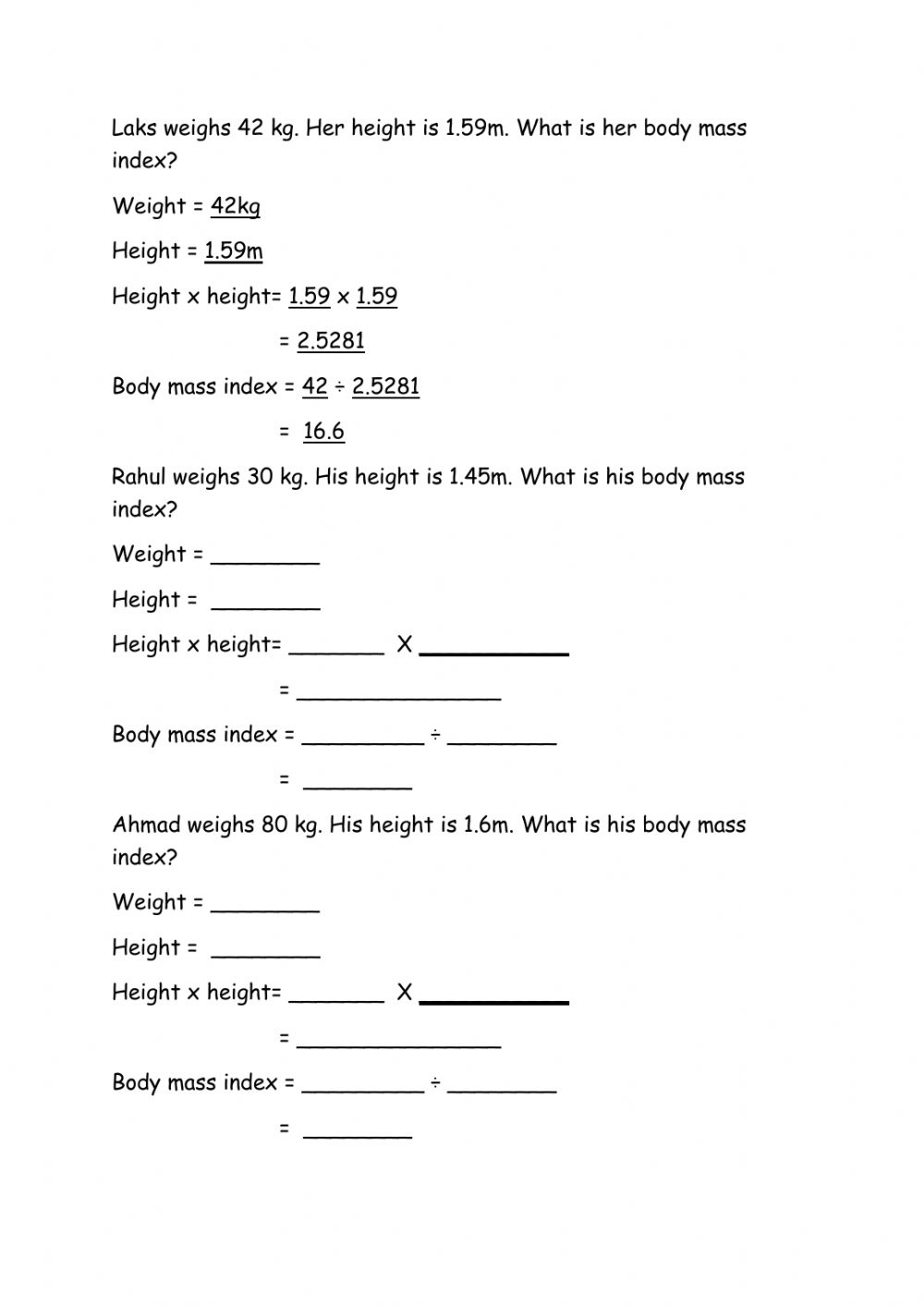 Bmi Worksheet For Students