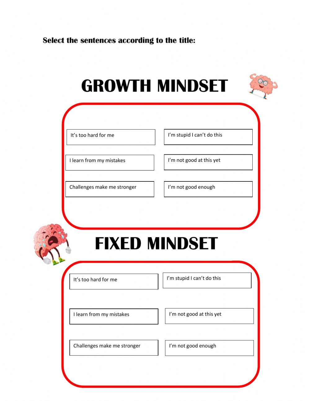Growth Mindset Vs Fixed Mindset Worksheet