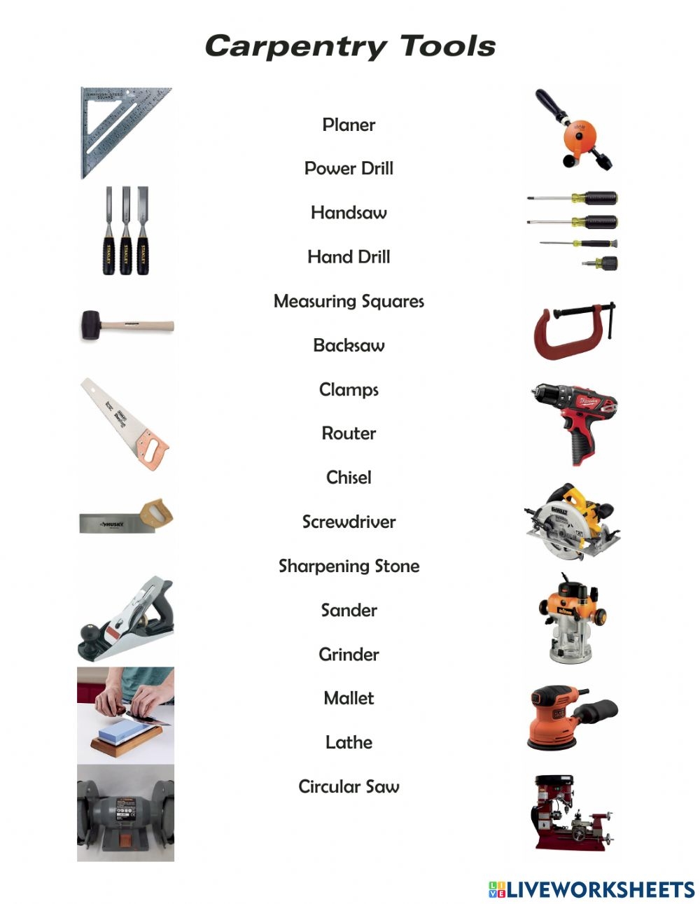 Carpentry Tools Worksheet