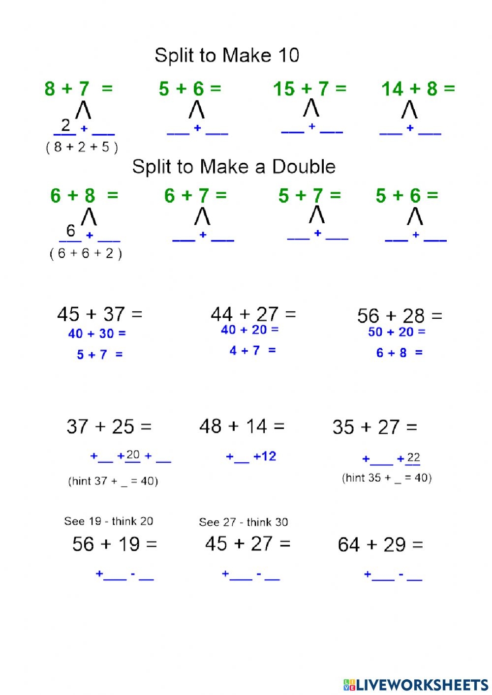 Addition Split To Make 10 Or A Double And Compensation Strategy Set 2 Worksheet