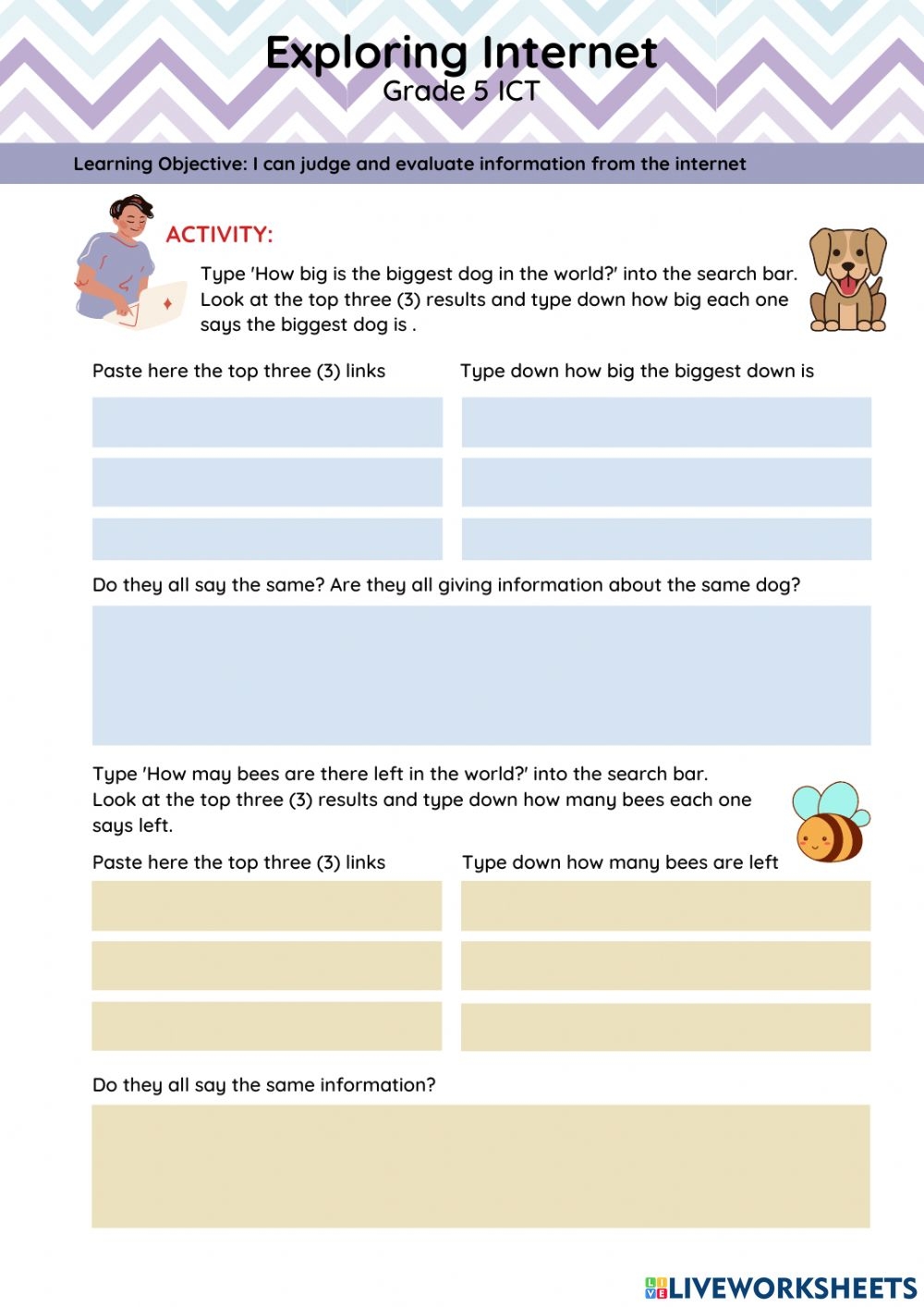 Exploring Internet Searching Information From The Internet Worksheet