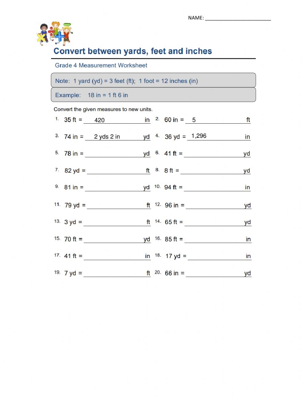 Convert Between Yards Feet And Inches Worksheet