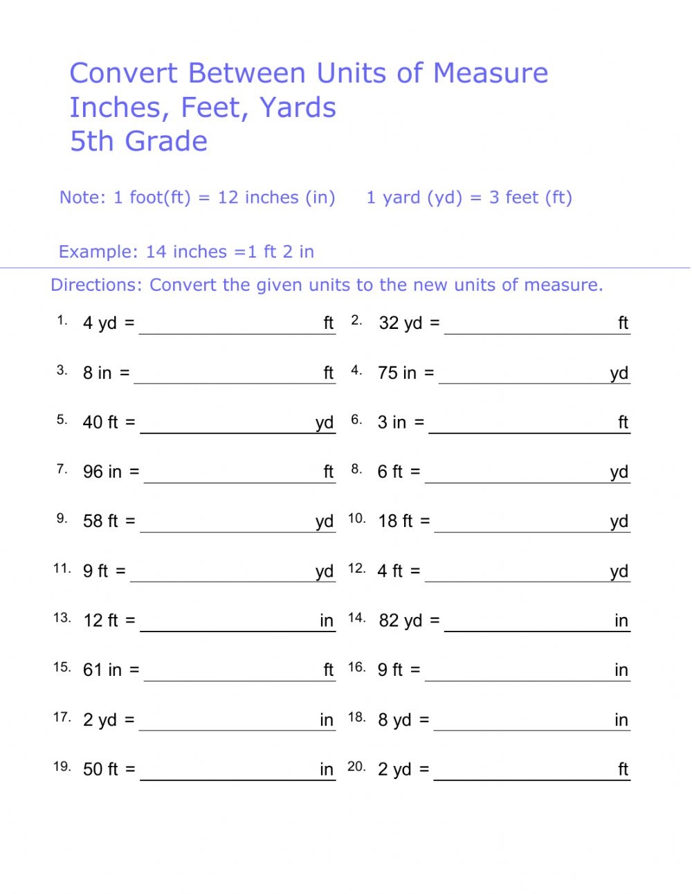 Subtract Feet From Inches Worksheet For Students
