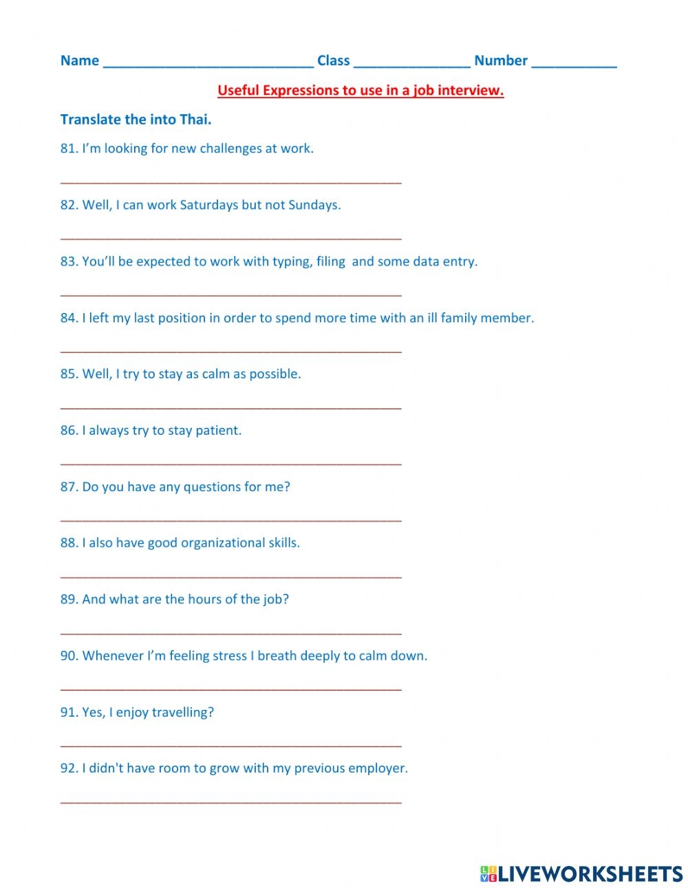 Job Interview Worksheet For Students