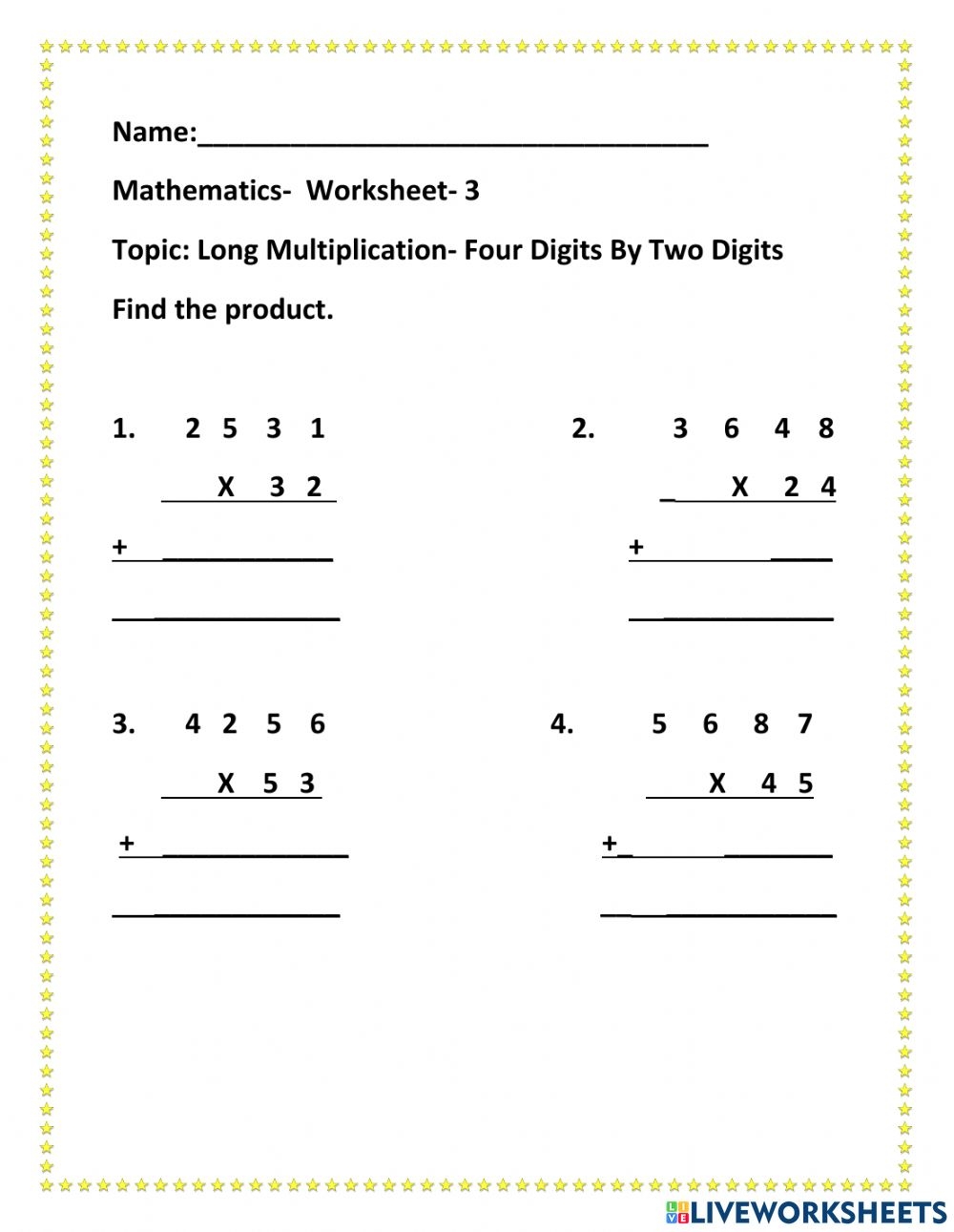 Long Multiplication Four Digit By Two Digit Numbers Worksheet