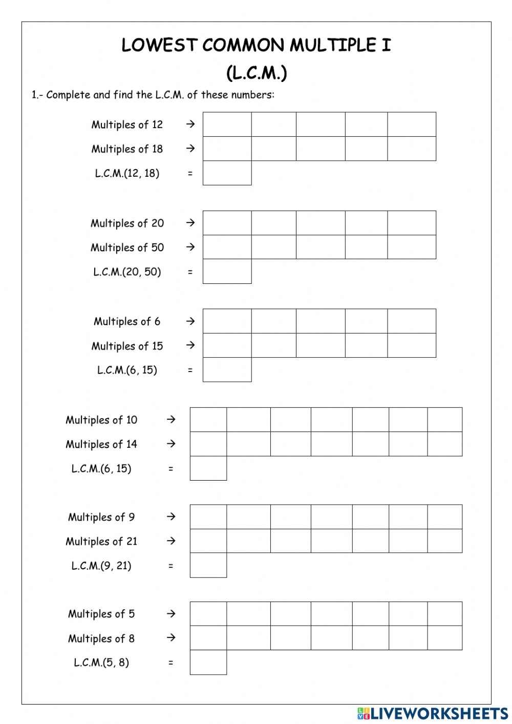 Lowest Common Multiple Worksheets