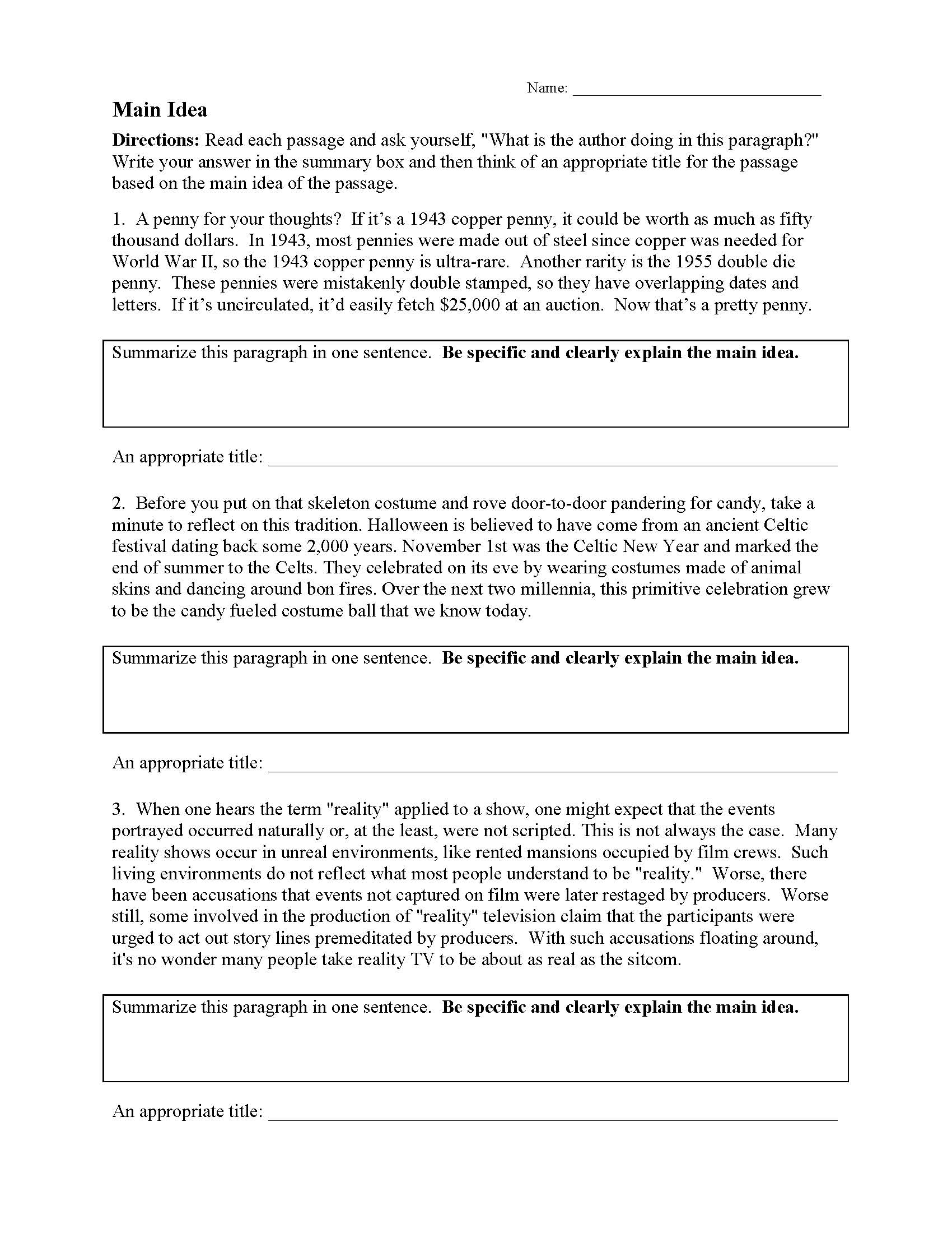 Main Idea Multiple Choice Worksheets Pdf