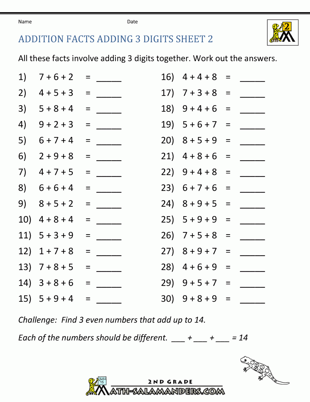 Printable 100 Basic Addition Facts