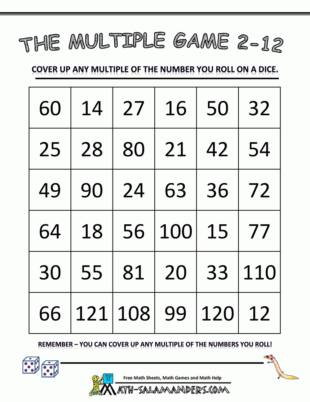 Dice Multiplication Game Worksheets