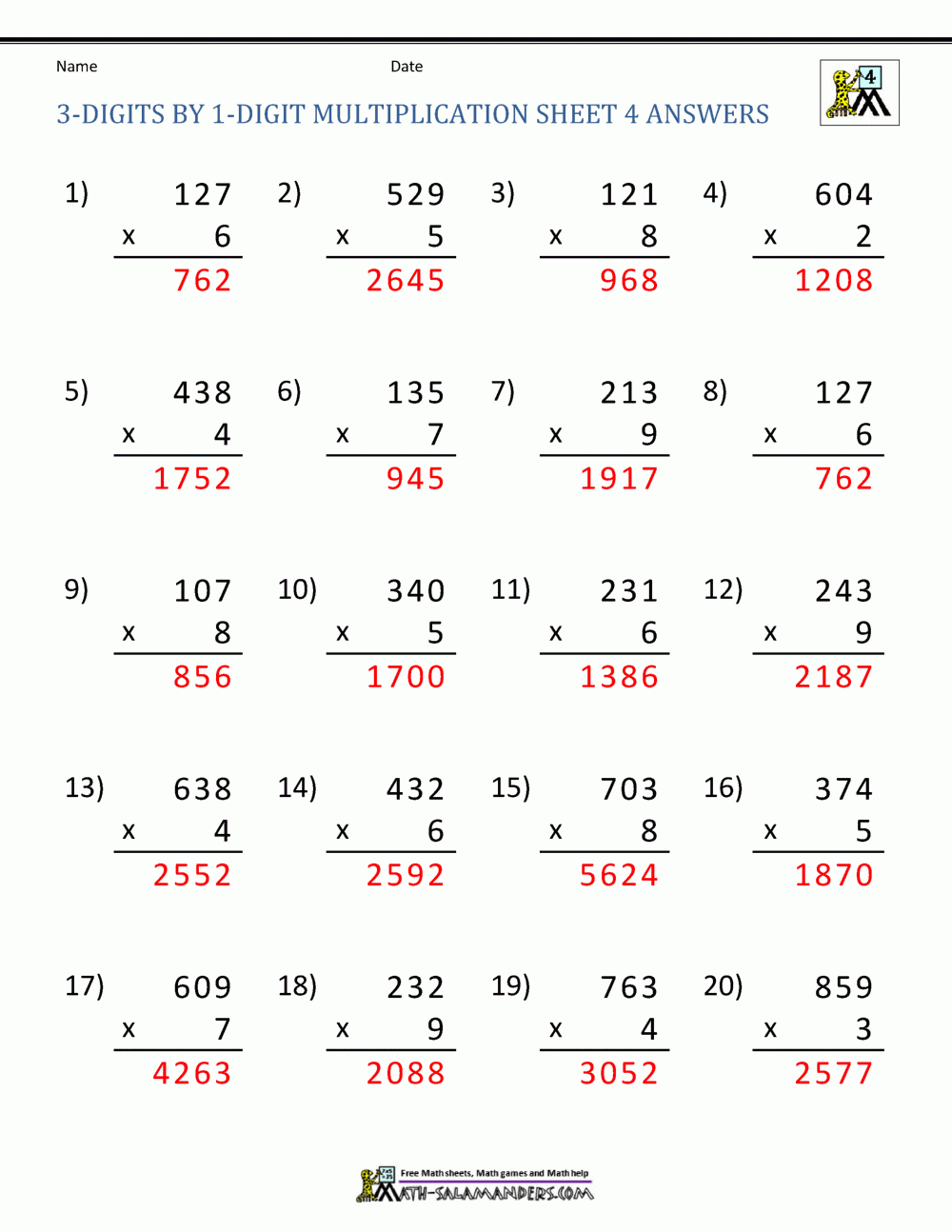 Three Digit Multiplication Worksheets Pdf