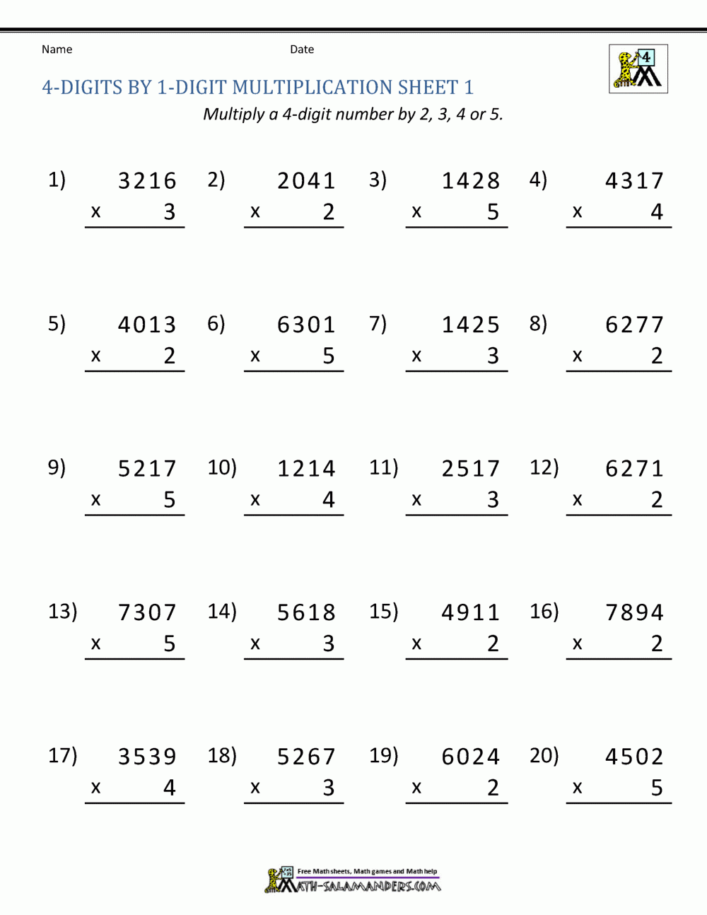 Math Multiplication Worksheets 4th Grade