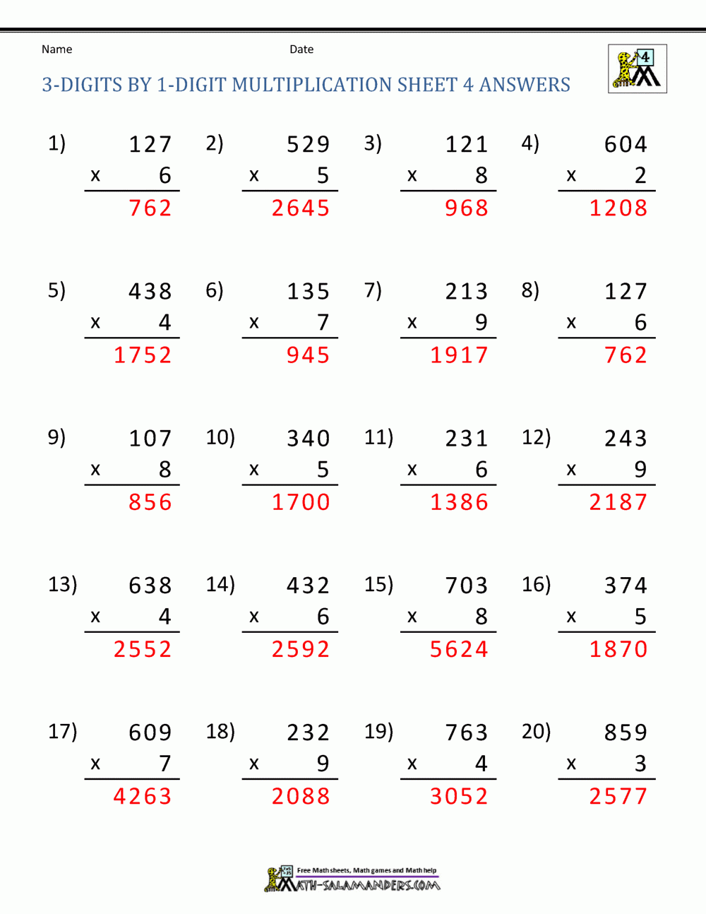 3 Digit Multiplication Worksheets Pdf