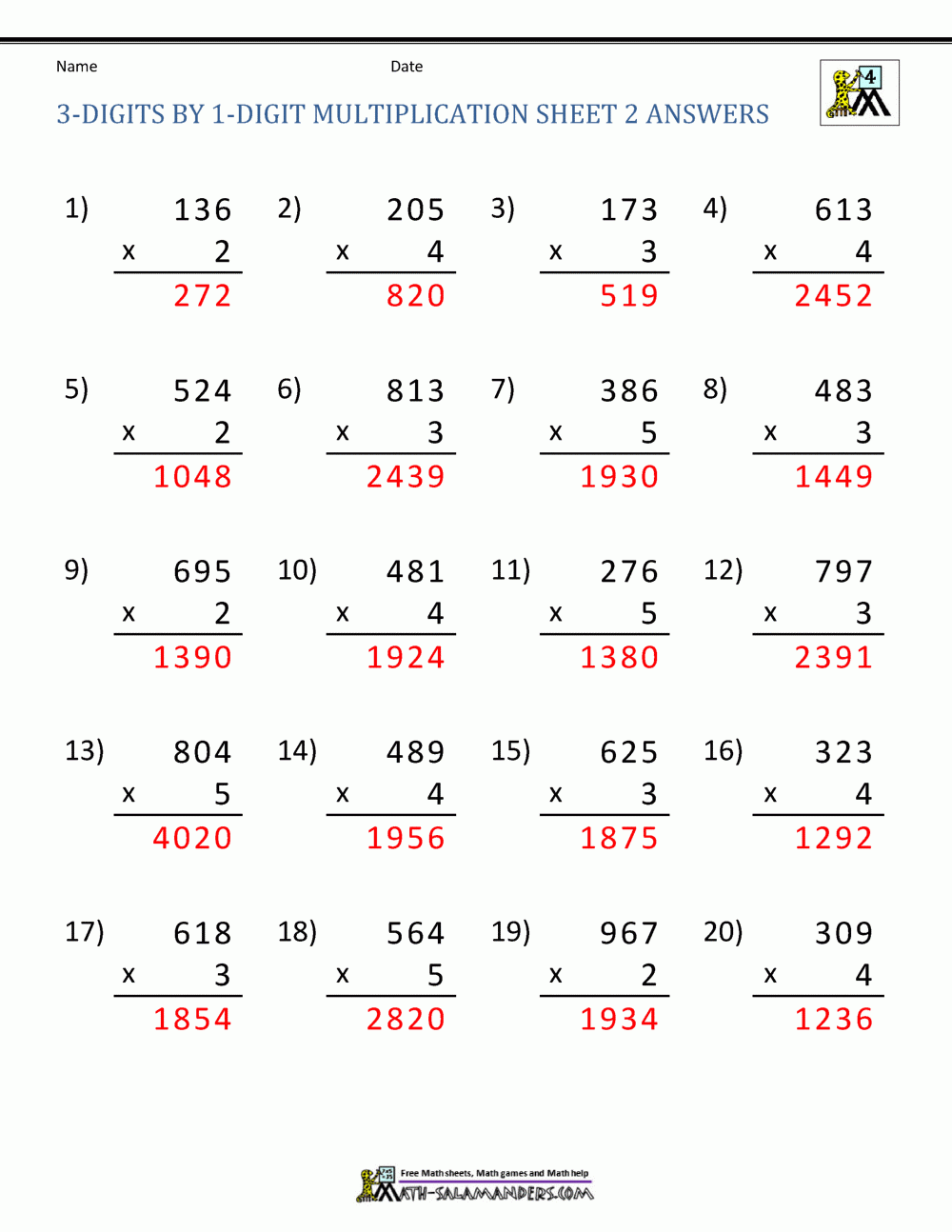 Math Multiplication Worksheets 4th Grade