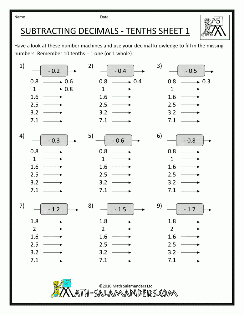 5th Grade Decimal Worksheets