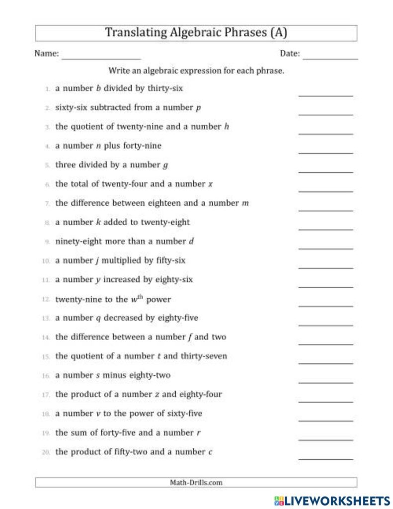 Math Writing Algebraic Expressions Worksheet Worksheet