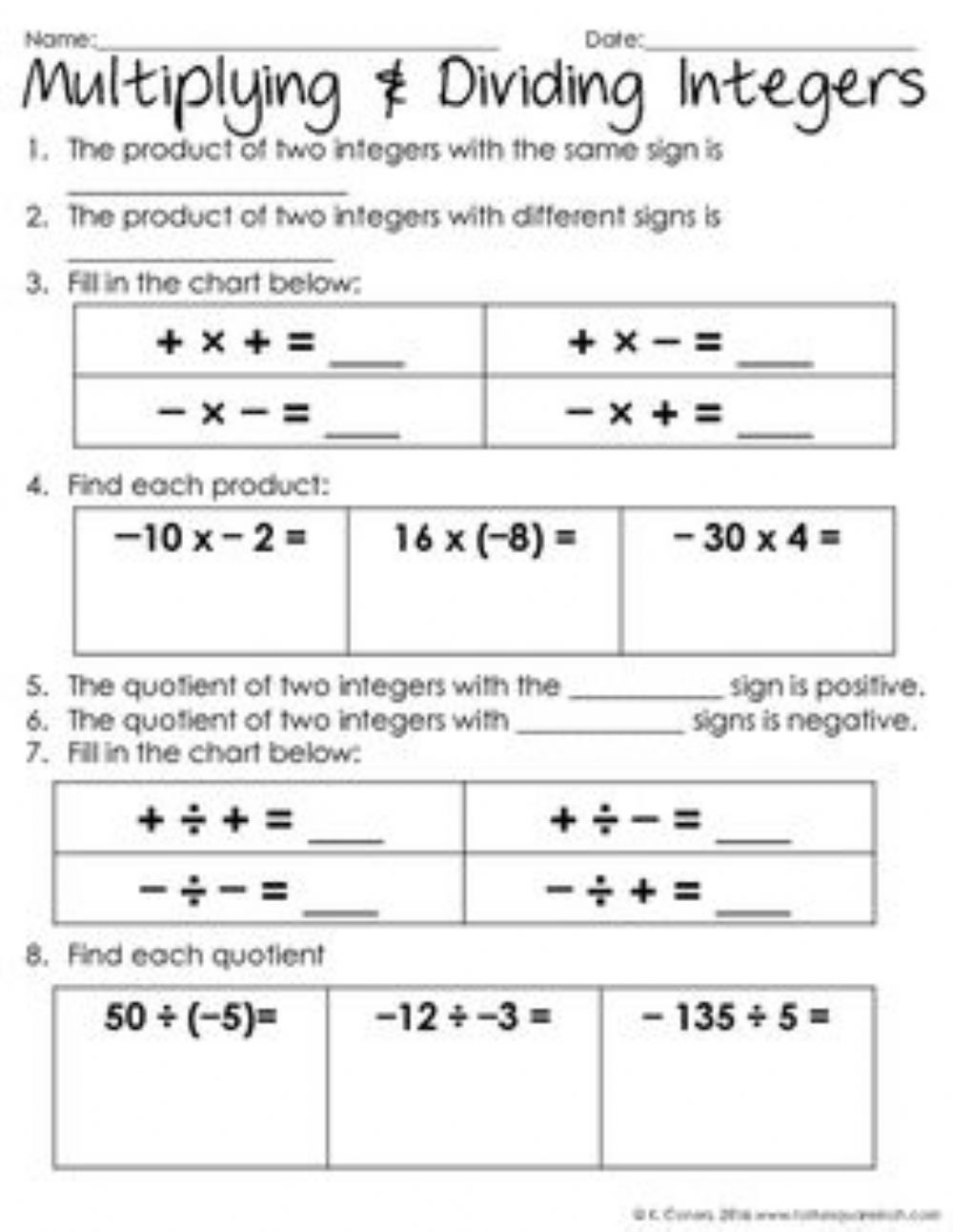 Mathematics 6 Multiplication And Division Of Integers Worksheet