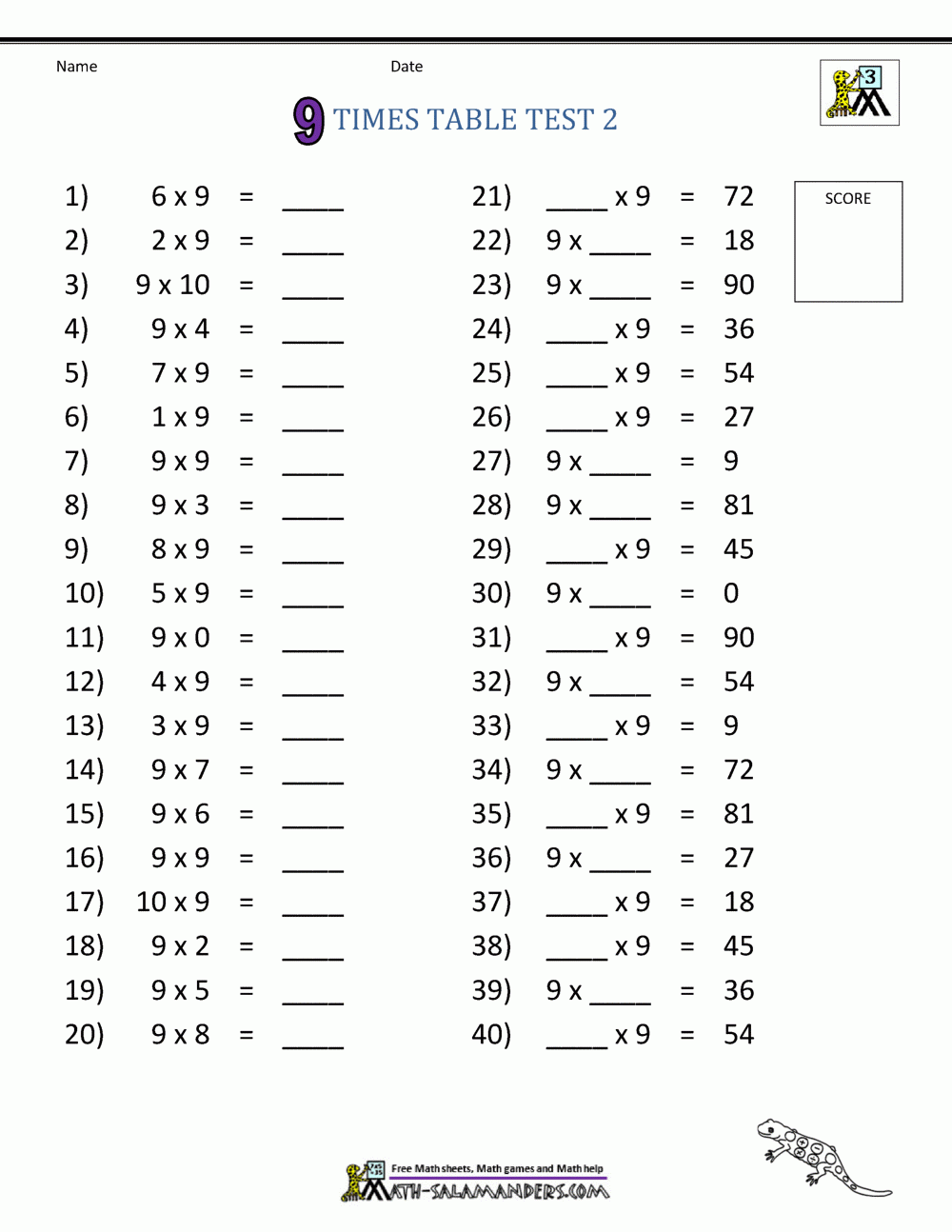 Maths Times Tables Worksheets 9 Times Table