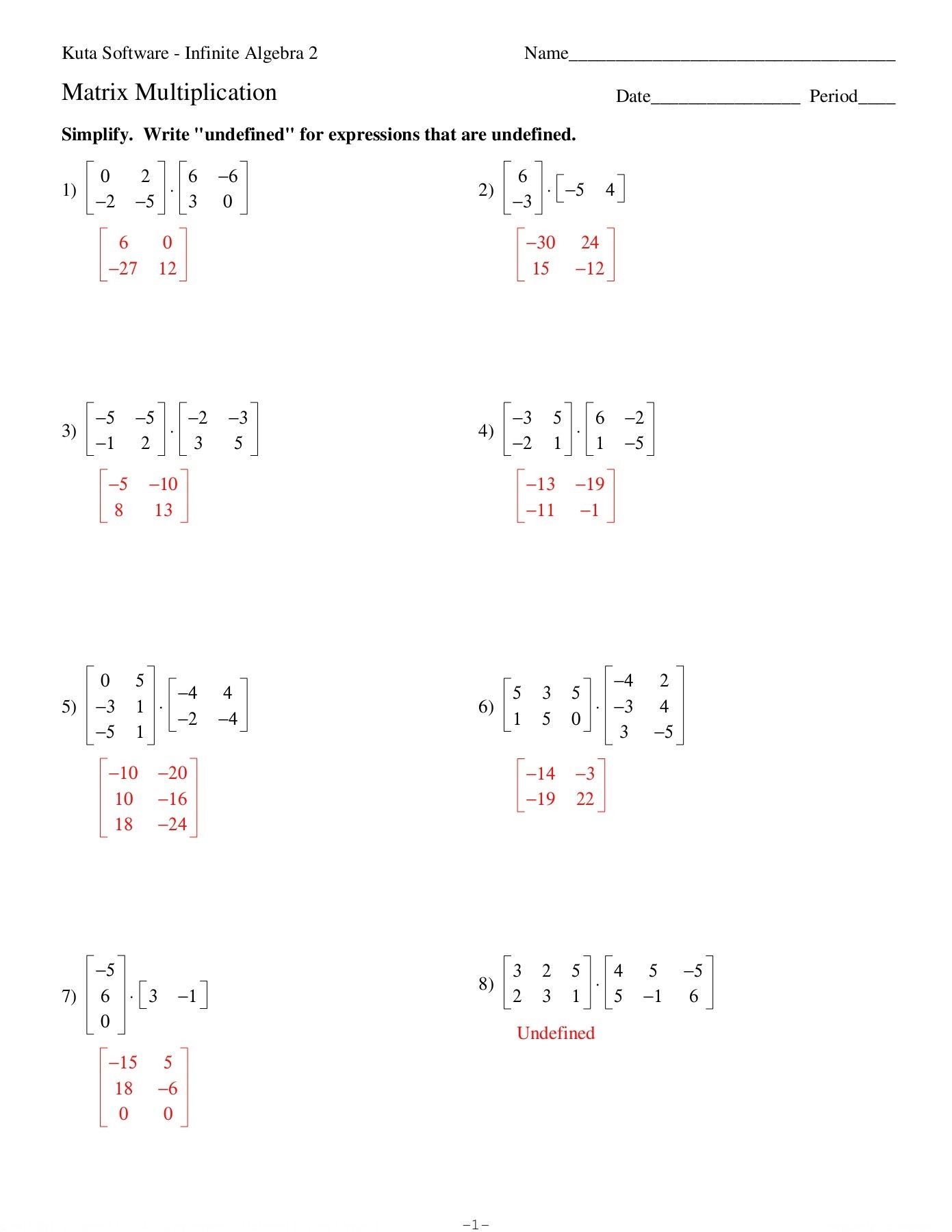 Matrix Multiplication Worksheets Pdf
