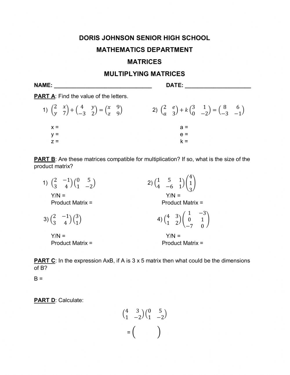 Matrix Multiplication Worksheets Free