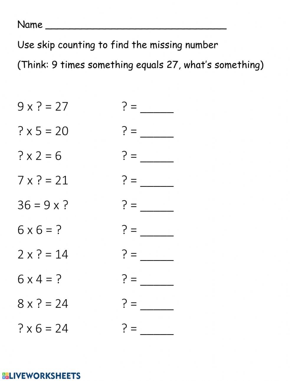 Missing Factors Worksheet