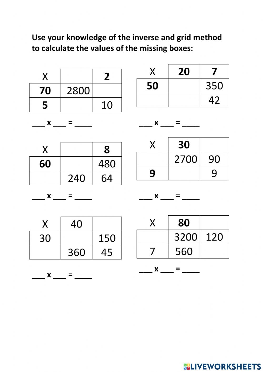 Multiplication Using Grid Method Worksheets