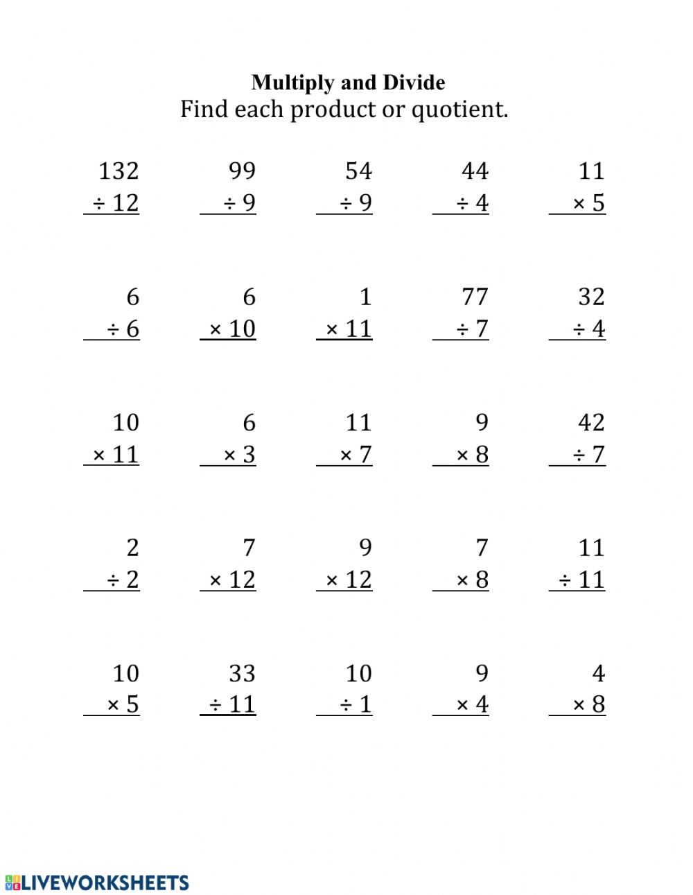 Mixed Multiplication And Division Facts Worksheet