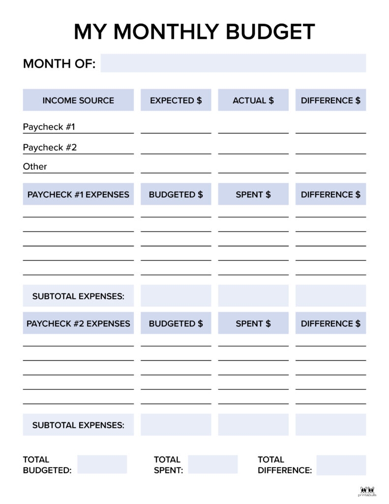 Monthly Budget Worksheet Printable Free