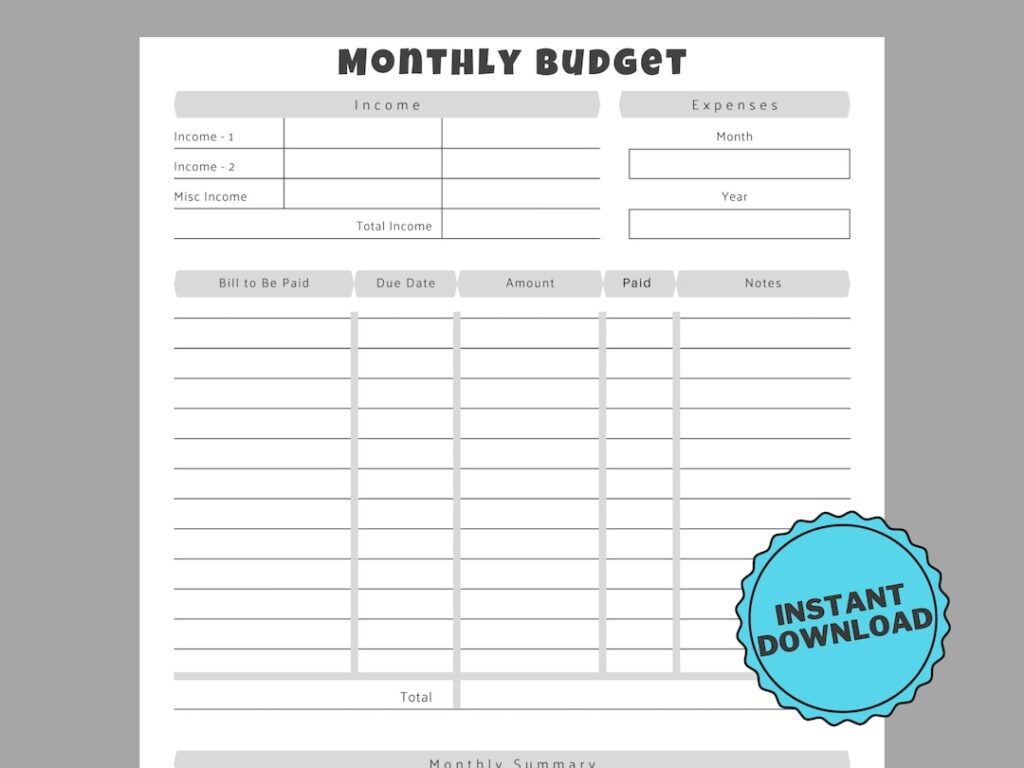 Monthly Budget Sheet Downloadable PDF Budget Template Etsy de