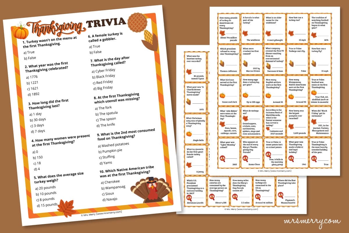 Thanksgiving Trivia Printable Worksheets