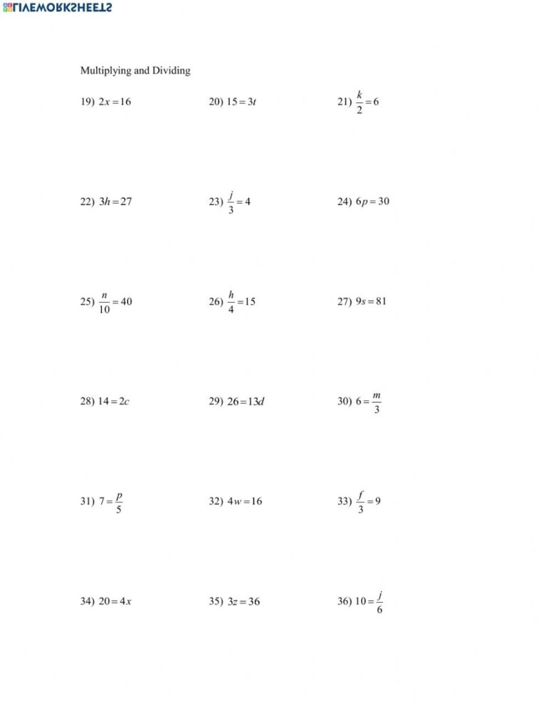 One Step Equations Worksheets Multiplication And Division - Printable ...