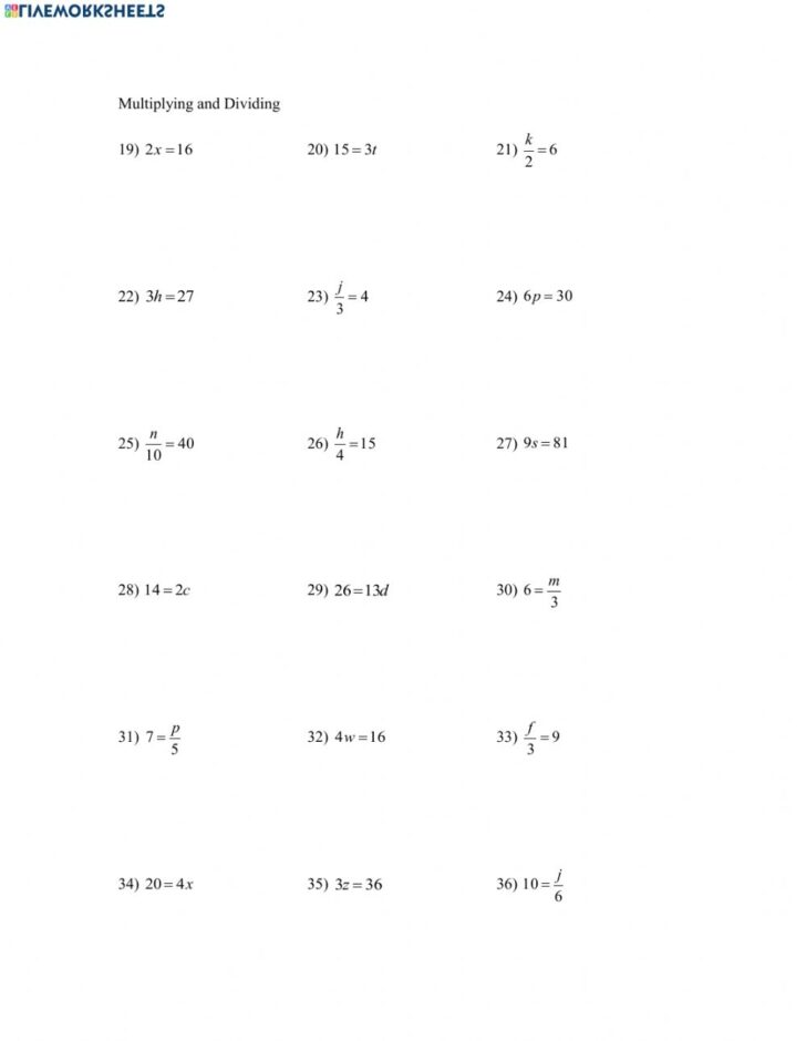 One Step Multiplication Equations Worksheets