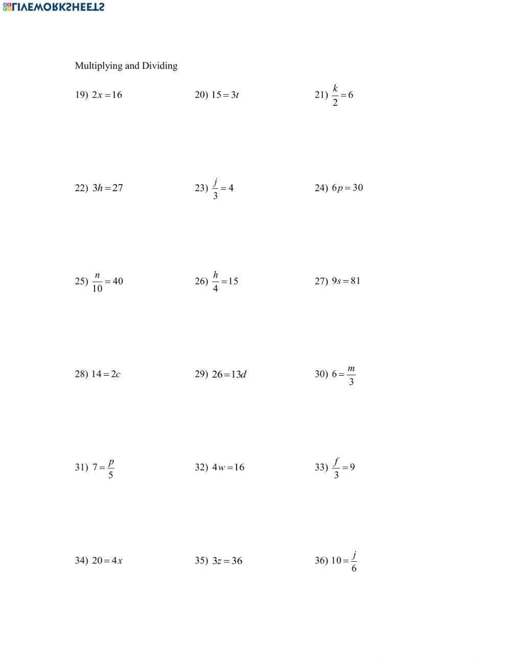 Mulitpying And Dividing One Step Equations Worksheet