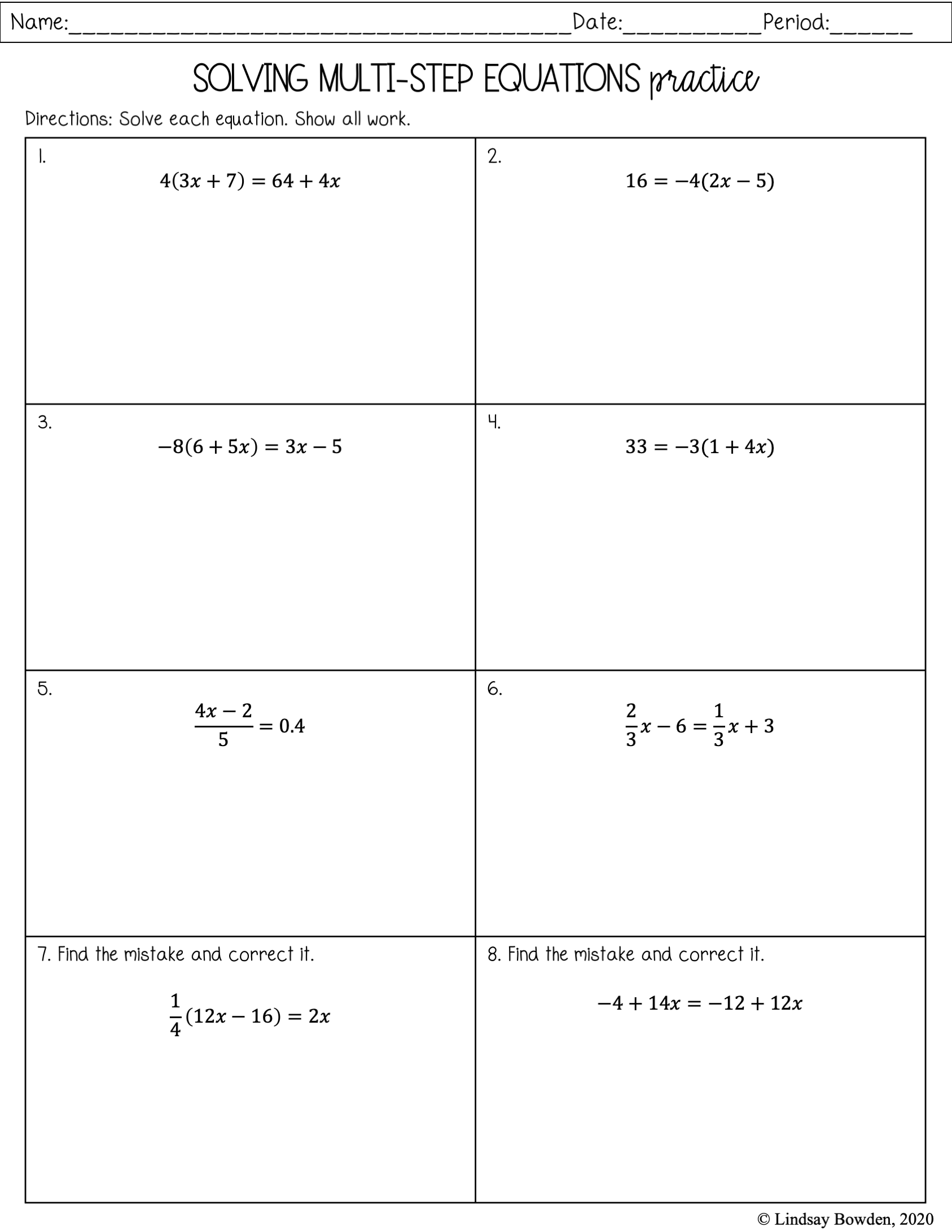 Multiple Step Equations Worksheets