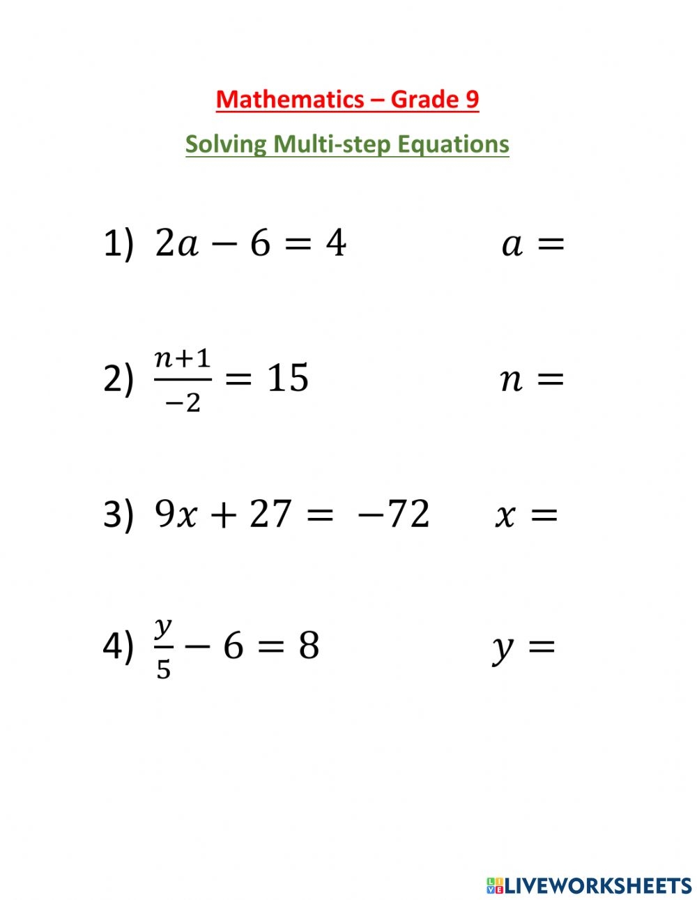 Multi step Equations Activity