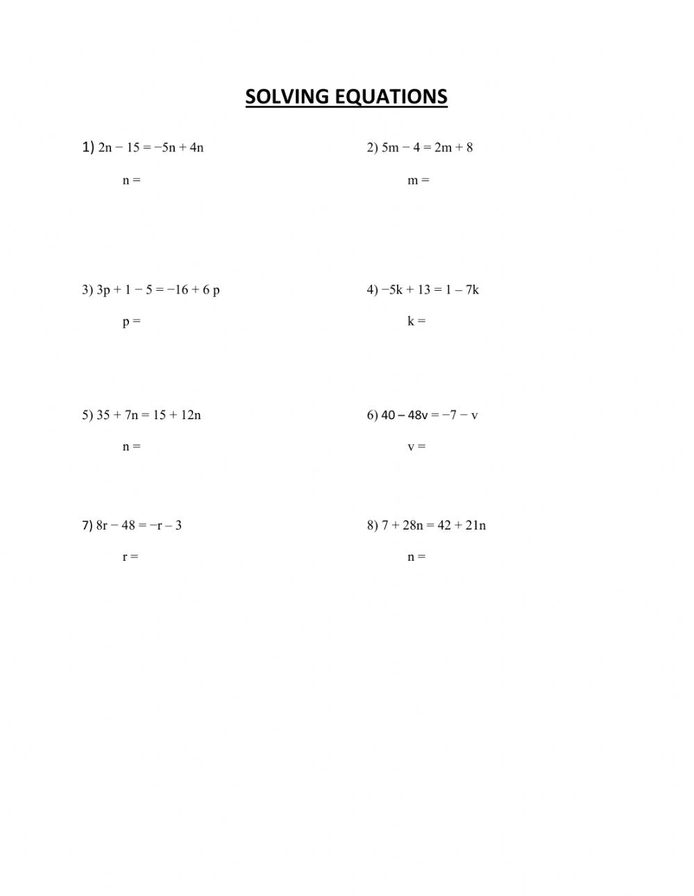 Multi step Equations Worksheet