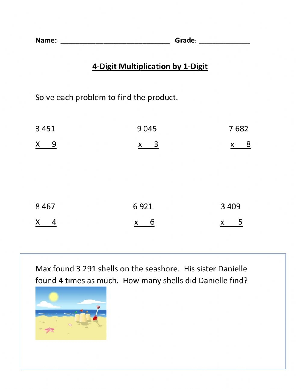 4 Digit By 1 Digit Multiplication Worksheets