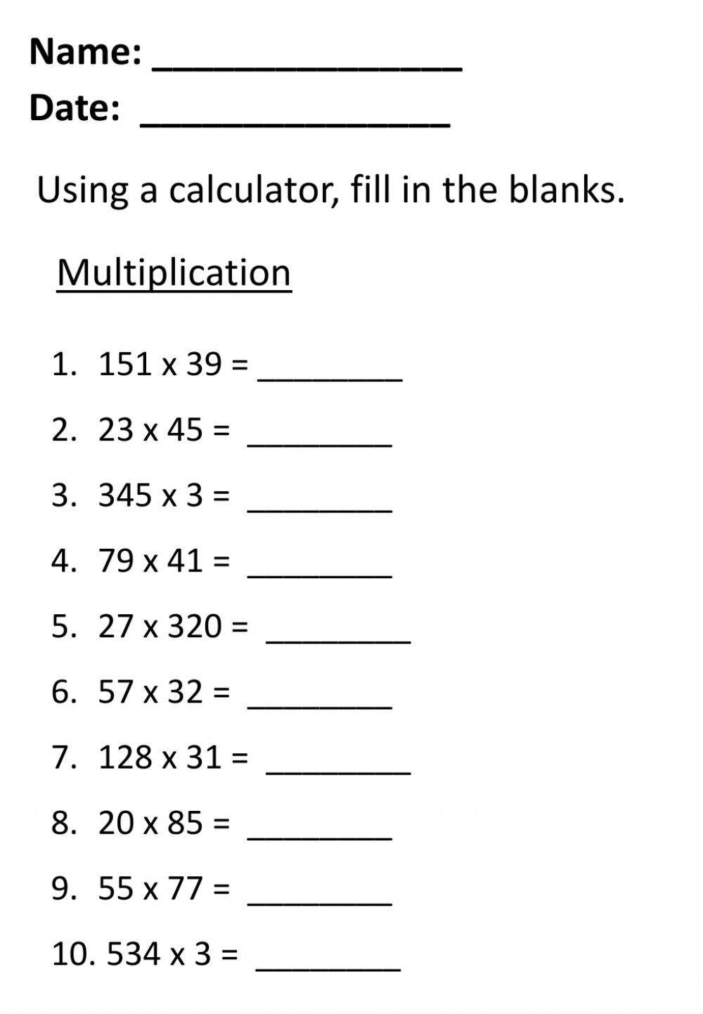 Multiplication And Division Exercise