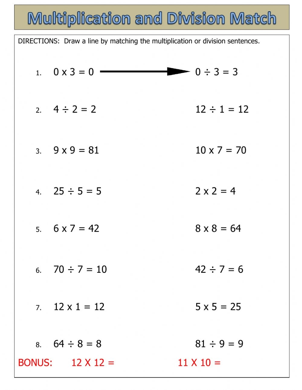 Multiplication And Division Match Worksheet