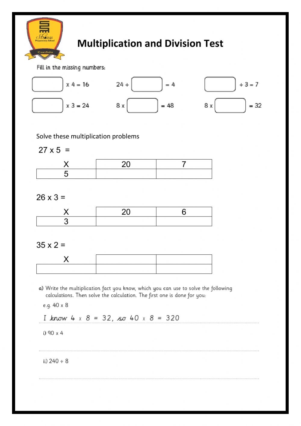 Multiplication And Division Test Worksheet