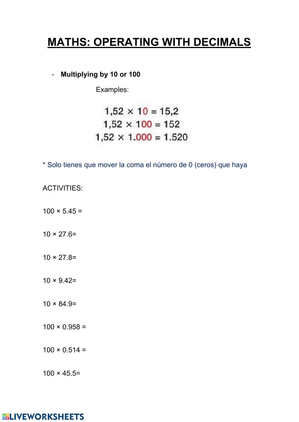 Multiplication And Division With Decimals Worksheet